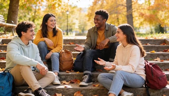 College friends chatting on stone steps during autumn with backpacks and fallen leaves