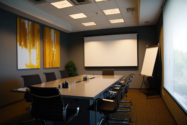 Image shows an empty, modern conference room featuring a long table with chairs around it, and a projector screen at the front. This image is useful for representing a professional business environment, office meetings, corporate settings, and workplace presentations. Ideal for use in business publications, professional websites, corporate reports, and presentations to highlight organizational or office environments.
