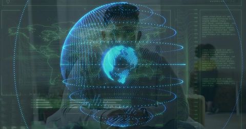 Couple interacting with holographic globe and layered data interface in cozy living room