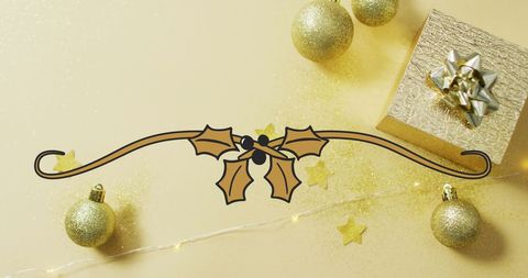 Elegant Christmas Decorations with Gold Ornaments and Gift