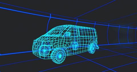 3d wireframe van model in digital tunnel simulation