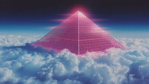 Floating neon-pink wireframe pyramid hovering above clouds emitting glowing apex streaks