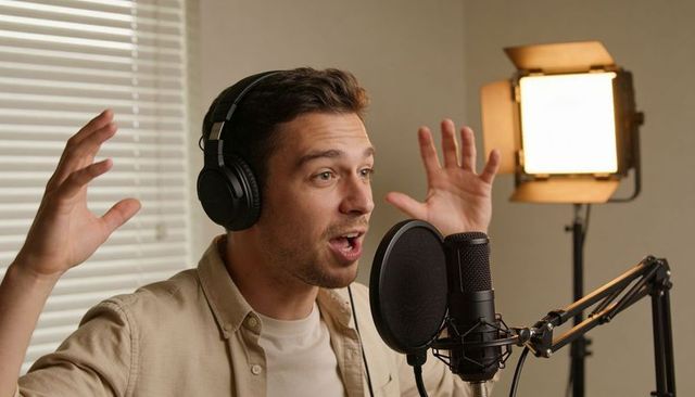 Male podcaster speaking and gesturing into condenser mic wearing headphones in studio