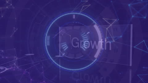 This animated visual shows a futuristic blue digital interface focusing on growth. The background includes dynamic data processing elements symbolizing advancement in technology and business innovation. Ideal for presentations, corporate videos, tech advertisements, or explaining digital concepts in a business setting.