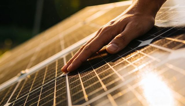 Technician Hand Inspecting Rooftop Solar Panel Glass During Golden Hour Maintenance