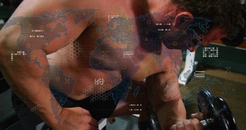 Muscular athlete performing dumbbell curl with world map overlay for fitness analytics