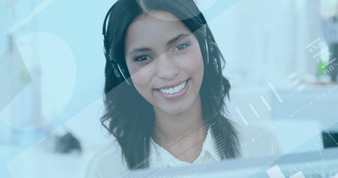 Smiling Woman with Headset and Digital Data Interface Overlay