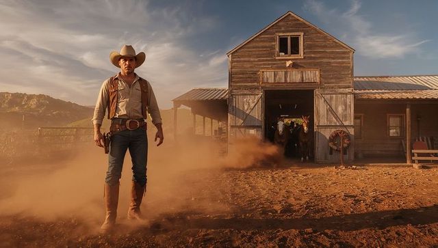 Cowboy striding across dusty ranch yard under vast sky