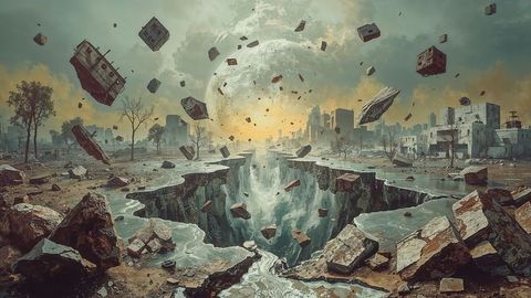 Dystopian landscape with crumbling debris and cosmic element