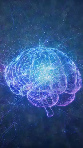 Neon Brain Network Pulsing Filaments and Drifting Motes Vertical Tech Visualization