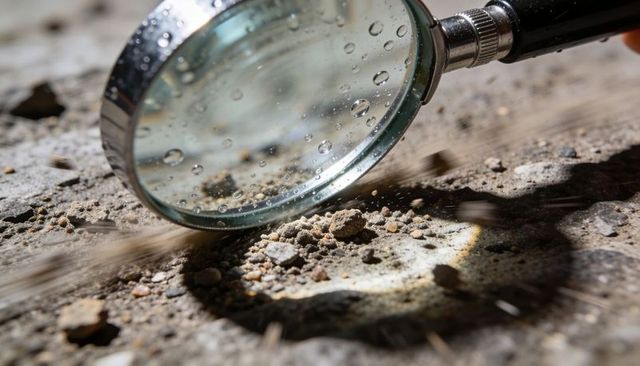 Magnifier Revealing Droplets, Dust and Grit on Rough Concrete Surface