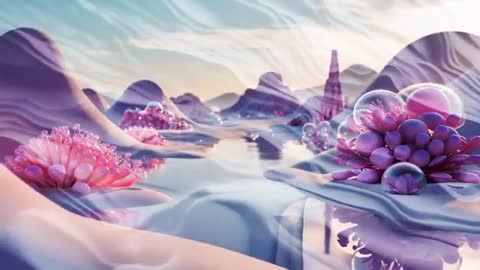 Surreal Landscape with Dreamy Blooms and Bubbles at Twilight