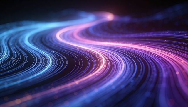 Flowing neon light ribbons curving across dark surface with glowing particle trails
