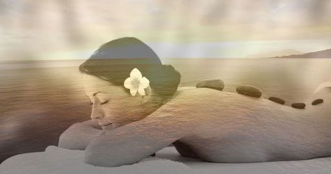 Digital composite of spa relaxation with sea view at sunset