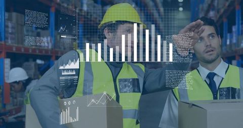 Warehouse Team Analyzing Inventory with Digital Data Overlay