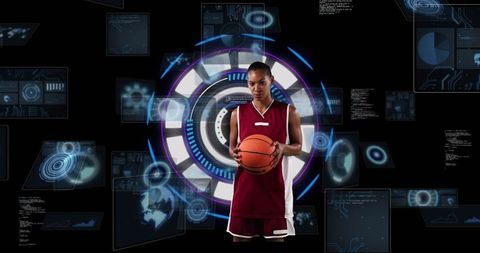 Female Basketball Player with Digital Interface and Futuristic Display