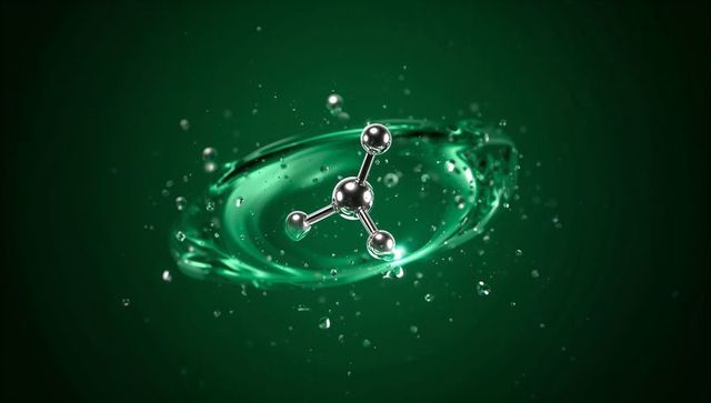 Metallic molecule hovering over emerald liquid vortex, splashing droplets and reflections