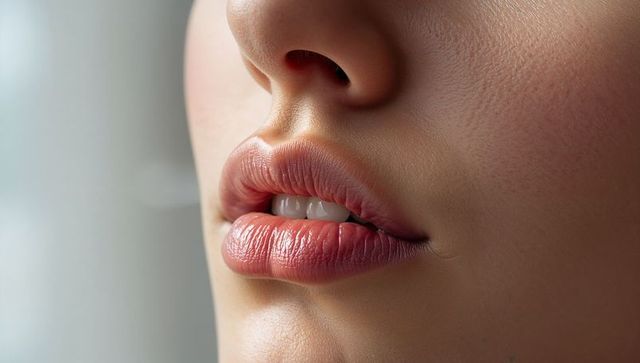 Biting lower lip showing skin texture and nose pores, plump natural lips close-up