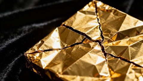 Gold foil wrapped chocolate bar with x-shaped tear on black velvet luxury packaging