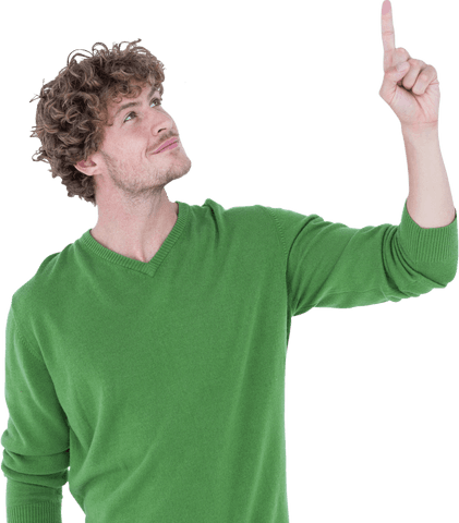 Cheerful Curly-Haired Man Pointing Upward Transparent Background