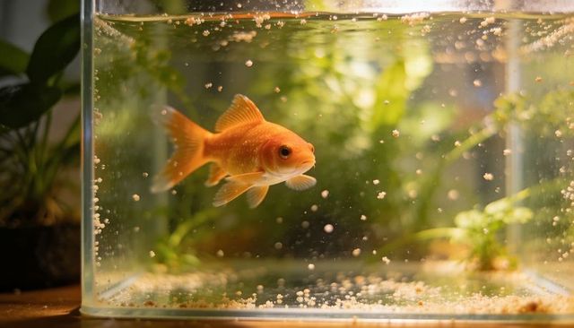 Orange goldfish swimming in small glass aquarium with plants and microbubbles