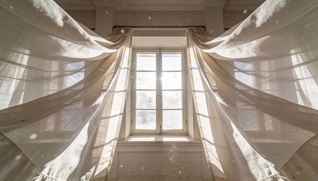Billowing linen curtains framing sunlit multi-pane window scattering dust motes and light