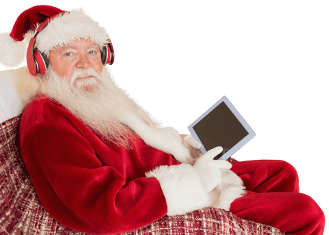 Santa Claus Using Digital Tablet with Headphones On Transparent Background