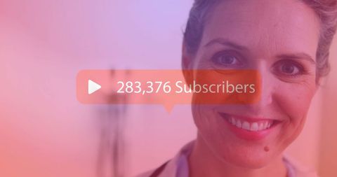 Smiling Woman with Subscribers Graphic Overlay