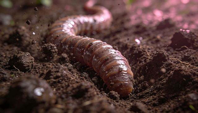 Glossy earthworm crawling across damp garden soil macro closeup with backlight glow