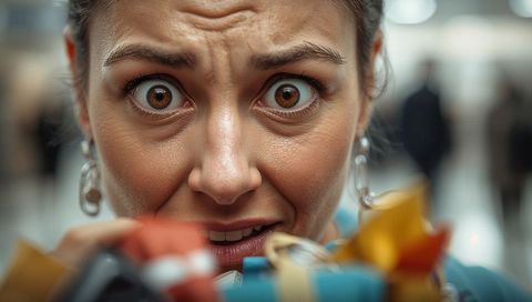 Worried woman holding wrapped gift boxes looking anxious in crowded mall closeup