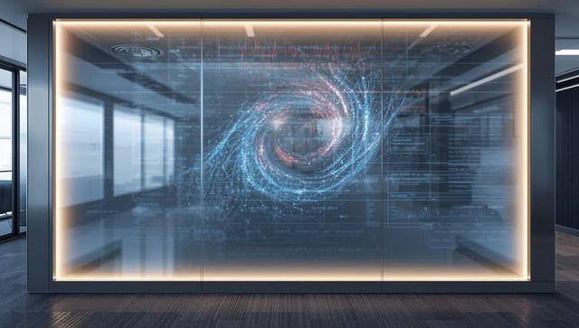 Holographic data spiral display modern corporate lobby futuristic transparent ui led-lit
