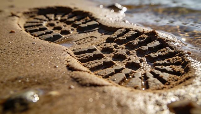 Boot tread leaving detailed imprint in wet sand near shoreline with reflective puddbles