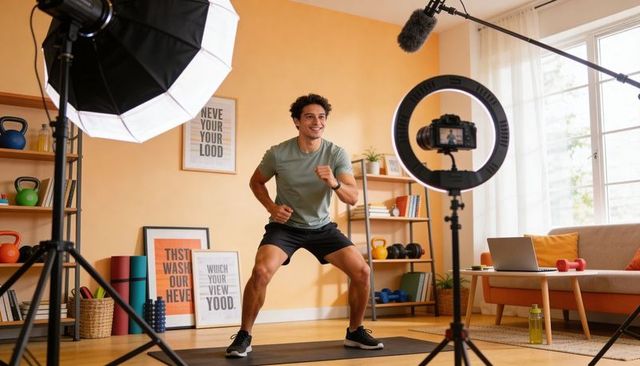 Home fitness instructor filming high-energy squat and forward punch with ring light