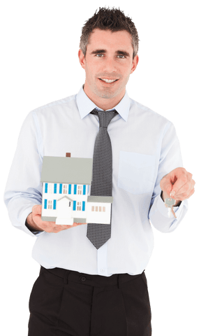 transparent smiling realtor holding key and miniature house - Download Free Stock Videos Pikwizard.com