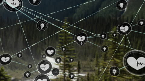 Digital Network Icons Overlaying Forest Landscape