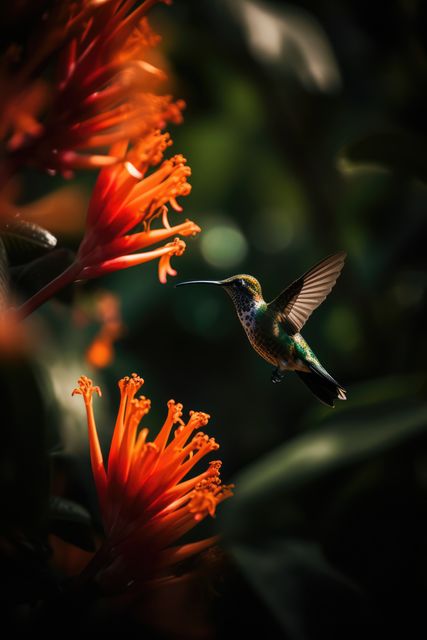 Hummingbird hovering by orange flower in sunlight, created using generative ai technology. Beauty in nature, wildlife, agility and feeding concept digitally generated image.