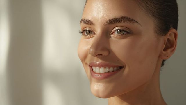 Close-up smiling woman headshot with glowing skin and natural makeup skincare portrait