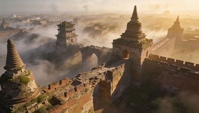 Fortress rising above mist-filled valley with pagoda towers and moss-covered arches