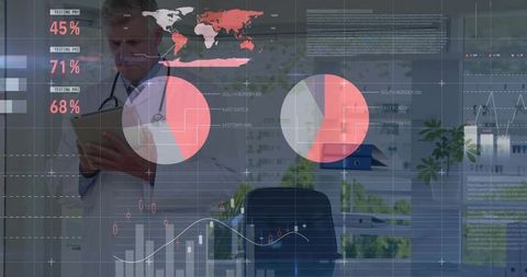 Doctor reviewing digital healthcare data dashboard with charts and global map overlay in modern clin