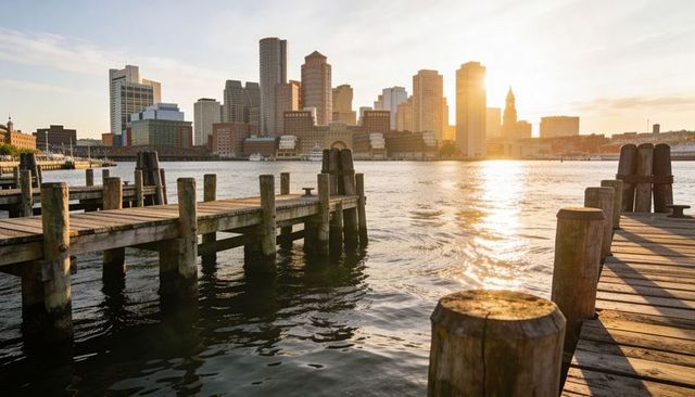 Wooden piers bathing in golden sunrise glow over urban waterfront skyline
