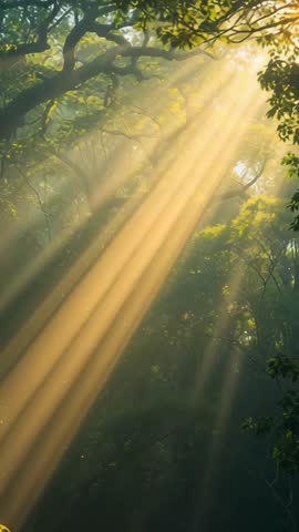 Sunbeams Piercing Forest Canopy at Sunrise Vertical Video with Golden Mist and Soft Light Rays