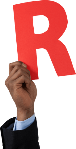 Transparent hand holding red alphabet r for business concepts
