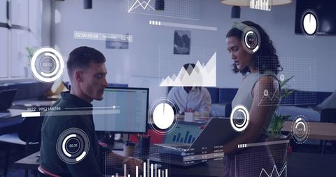 Team Collaborating Over Interactive Data Dashboards and AR Analytics in Modern Open Office