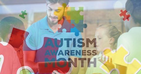 Teacher engaging diverse children for autism awareness month activity