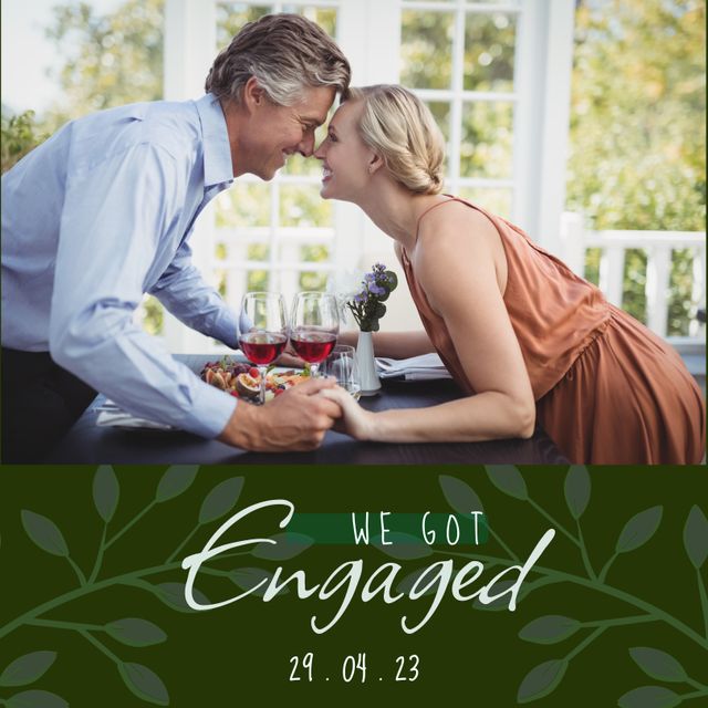 This image captures a loving couple celebrating their engagement with wine and a meal outdoors, perfect for announcements. The joyful moment is ideal for use in engagement announcements, romantic greeting cards, Valentine’s Day promotions, and other love-themed content.