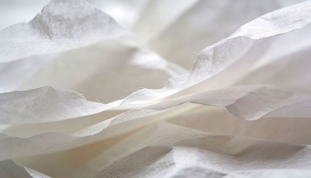 Crumpled White Tissue Paper Revealing Delicate Translucent Layers and Fine Fibers