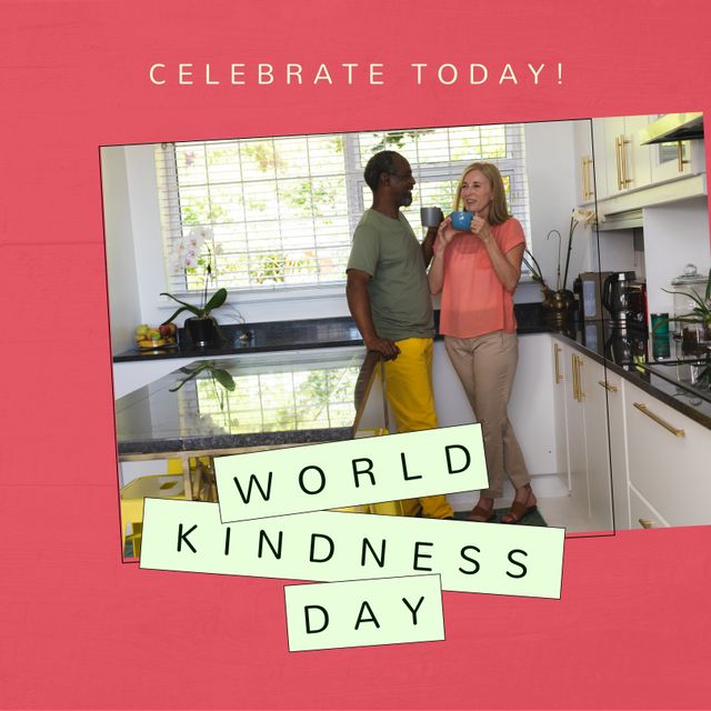 Composition of world kindness day text over diverse couple in kitchen. World kindness day, love and relationships concept.