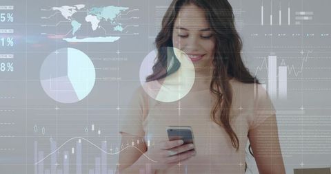 Young woman smiling while using smartphone with overlaid analytics dashboard and charts