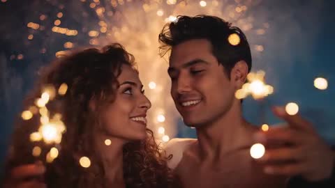 Couple Celebrating with Sparklers and Fireworks Display
