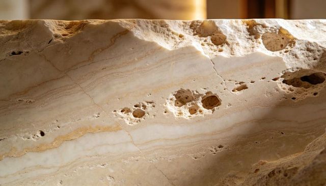 Warm travertine close-up revealing natural veins, pores and cavities